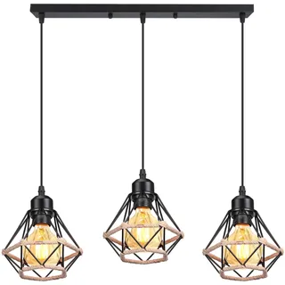 PETITES ECREVISSES 3 Flammige Pendelleuchte Industrie Hängelampe Schwarz Metall Pendellampe 16CM Design mit Hanfseil Deckenleuchte E27 Für Wohnzimmer Café Restaurant