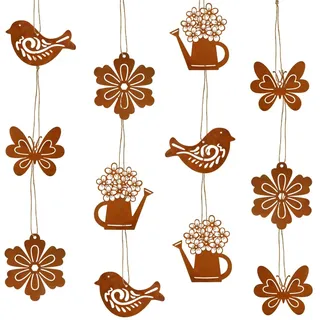 12 Stück Frühlingsdeko Hängedeko,Ostern Gartendeko Rost,Ostern Metall Schmetterling Vogel Blumen Gießkanne deko Hängend,Osterdeko Rost draußen mit Seil,Hängedeko Set für Fenster,Outdoor,Garten