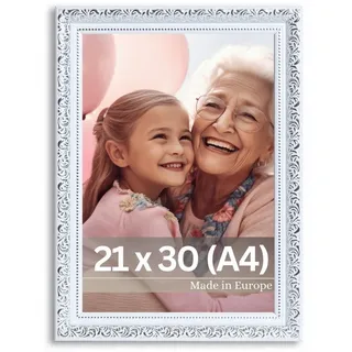 Victor Vintage Bilderrahmen „Rubens“ in 21x30 cm (A4) Weiß Silber - Leiste: 30x20mm - Echtglas - Fotorahmen Barock - Antik - Bilderrahmen 20x30 Vintage - Fotorahmen A4 Weiß
