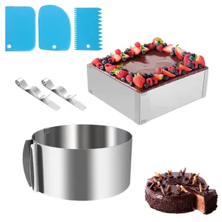 Wangdefu Tortenring Verstellbar,2 Stück Kuchenring Set Edelstahl,Backrahmen Rechteckig(15-28cm) + Rund(Ø16-30cm,8,5cm Hoher,mit abgestufte Skala),für Backen Kuchen Torten,Pizza,alle runde Desserts