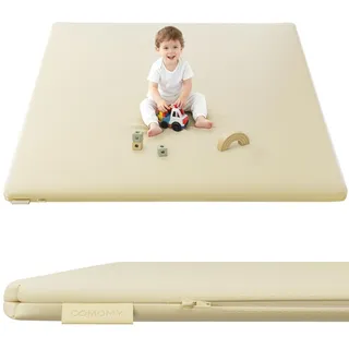 COMOMY Veganes Leder Krabbelmatte Baby, 127x127x3 cm Krabbeldecke für Baby, Extra Dicke und Weiche Schaum Spielmatte Baby Kinder, Wasserdicht & Rutschfeste Baby Play Mat für Laufstall (Elfenbein)