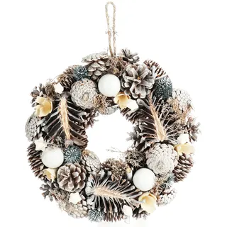COM-FOUR® Türkranz Weihnachten - Adventskranz mit Zapfen, Kugeln und Blüten - Dekokranz - Weihnachtsdeko - Tischkranz - Weihnachtskranz (weiß + Creme Kugeln)