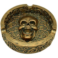 Deko Aschenbecher ''Laughing Skull'' - Totenkopf Ascher mit Ornamenten - Vintage Gold Look- Durchmesser ca 13 cm - Totenschädel Dekoration