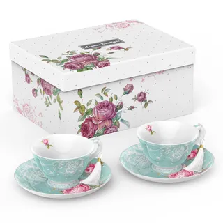 London Boutique Teetasse und Untertassen-Set 2 Nachmittagstee aus Knochenporzellan Vintage Flora Geschenkbox 200 m (türkis)