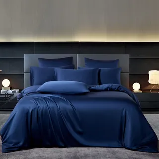 YASMENG Bambus Bettwäsche 155x220 Blau Uni Einfarbig 50% Bambus Lyocell Bettwäsche Kühlend Weich Atmungsaktiv Luxus Seidig Seide Bettbezug Set 3 Teilig mit Reißverschluss und 2 Kissenbezüge 80x80 cm