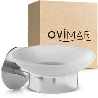 ovimar Seifenschale Kronborg | mit Halter für die Wandmontage | Edelstahl | Silber | ohne Bohren | herausnehmbares Glas für das Bad oder auch die Küche als Seifenablage zur Aufbewahrung