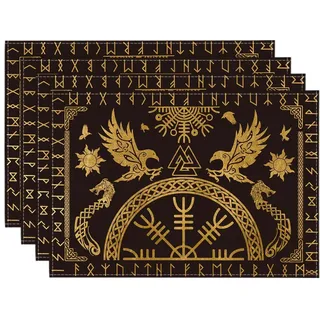 Artoid Mode Gold Wikinger Baum des Lebens Rabe Helm der Ehrfurcht Platzsets 4er Set, 30x45cm Urlaub Tischsets Platzdeckchen Küche Party Deko