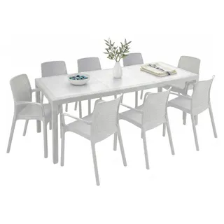 Outdoor Lounge Set Arret, Outdoor Lounge Set, Ausziehbarer rechteckiger Tisch mit 8 Stühlen mit Armlehnen, Italy, Weiß - Weiß