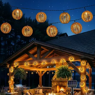 Solar Lichterkette Aussen, 10 Stück LED Lichterkette Außen Solar Lampions Outdoor Wetterfest Papierseil Solarleuchten Kugel Solar Gartenleuchten für Balkon Terrasse Garten Fest Party Camping