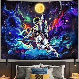 kampdream Schwarzlicht-Astronauten-Wandteppich, UV-reaktiv, Galaxie, Universum, Planet, leuchtet im Dunkeln, Wandteppiche für Männer, Jungen und Jugendliche, cooles Poster, 91,4 x 121,9 cm