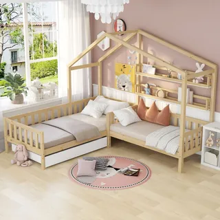 Merax Hausbett mit Schubladen und Regalen, Kinderbett 90x200 cm and 140x70cm, Massivholz Spielbett mit Zaun und Lattenrost, L-Struktur, für 2 Kinder Doppelbett, Natur