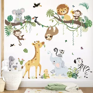 decalmile Wandtattoo Dschungel Tiere Baum Zweig Wandaufkleber Giraffe Affen Koala Safari Wandsticker Kinderzimmer Babyzimmer Wohnzimmer Wanddeko