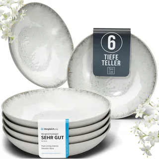 Steingut Suppenteller 6 Personen Ibiza TESTSIEGER, Traumhaftes Mediterranes Steingut Tiefe Teller Set, Pasta Teller Tief Groß - Pure Living in Beige