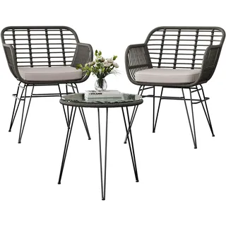 GarveeHome Outdoor Rattan Sitzgruppe, Möbel für 2 Personen, 3-TLG. Bistroset, Balkonmöbel, Gartenmöbel Set mit 2X Stühle + Tisch, kleine Lounge wetterfest für Garten Balkon Terrasse -Natur