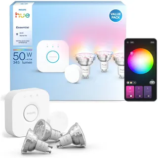 Philips Hue Essential Starter-Set: Bridge + 3 Essential GU10 smarte Lampe + Smart Button, White und Color Ambiance, 2200-6500K, dimmbar, funktioniert mit Alexa, Google Assistant, Apple Home