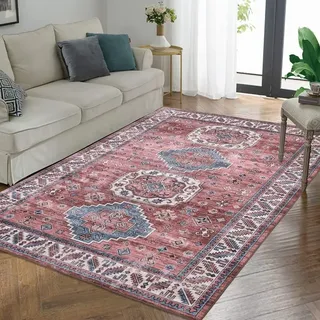 Auton Vintage Wohnzimmerteppich, Weich Waschbar Orientalischer Traditioneller Bauernhaus Teppich im Used-Look für Schlafzimmer Innenboden Akzentteppich für Heimbüro-Hausdekoration Rosa 60 x 230 cm