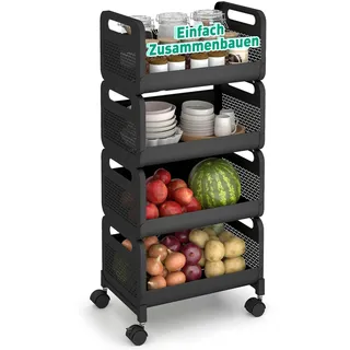 Sekey Rollwagen, Küchenwagen mit 4 Ebenen| Stahl| 360°-Gummiräder mit Bremse| Glatt Lackiert, Rostfest| Griff| Nischenregal auf Rollen für Küche, Bad, Wohnzimmer, Arbeitszimmer, Schlafzimmer| Schwarz