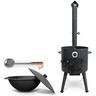 Utschak Feuerofen mit Thermometer Gusseisen Topf Kazan runder Boden mit Deckel (12 L) Schaumlöffel 48 cm KazanoFF, Учаг, Outdoor, Feuerschale, Camping, Kasan, Gulaschkanone Dutch Oven (Set 2)