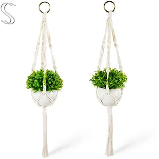 PASCH® 2er Set Kunstpflanzen mit Makramee Blumenampel und weißen Keramiktöpfen | Künstliche Pflanzen (14cm) + Blumenampel Makramee (60cm) | Hängepflanze künstlich | Künstliche Hängepflanzen