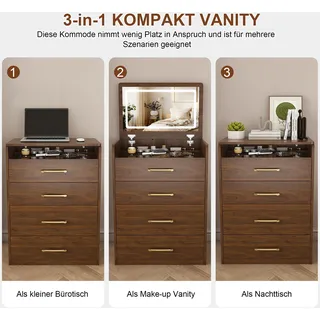 Schminktisch 60 x 40 x 118 cm, 3-in-1-Design, aufklappbarer Spiegel, Glasplatte, 3 Schubladen, Hocker, Walnuss - Braun
