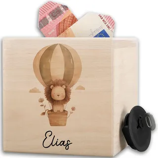 Shirtracer Spardose Holz personalisiert Löwe Heißluftballon | Holz, 10x10cm, König der Tiere, Savanne, Kinder, Taschengeld, Wunscherfüller, Geldgeschenk, Deko, mit Schlüssel und Schloss