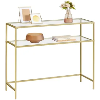 VASAGLE Konsolentisch, Beistelltisch, Oberfläche aus Hartglas, moderner Sofatisch, einfacher Aufbau, verstellbare Füße, Wohnzimmer, Flur, goldfarben-transparent LGT025A01