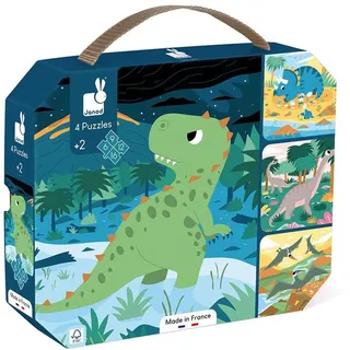 Janod - 4 Dinosaurier-Puzzles - Evolutives Kinderpuzzle, 6 bis 16 Teile - Fördert Geduld und Handgeschicklichkeit Lernspiel ab 24 Monate, J02541