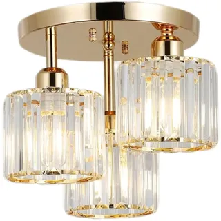 Hobaca E26 Moderner Kristall-Kronleuchter, 3-Licht-Kristall-Deckenleuchte mit Glas-Lampenschirm, Deckenleuchte hängend für Wohnzimmer, Glas-Pendelleuchte für Schlafzimmer, Küche, Flur, Bad, Gold