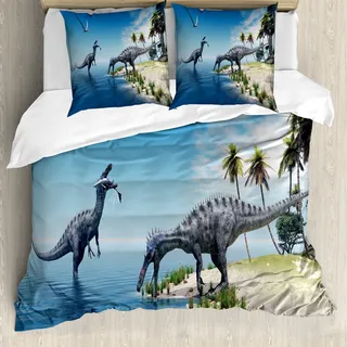 ABAKUHAUS Jurassic Bettbezug, Wilde Suchomimus Dinosaurier, Milbensicher Allergiker geeignet mit Kissenbezügen, 200 cm x 200 cm - 80 x 80 cm, Blau, Grün, Grau - Blau