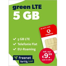 freenet green LTE 5 GB – Handyvertrag 24 Monate im Vodafone Netz mit Internet Flat, Flat Telefonie und EU-Roaming – Aktivierungscode per E-Mail