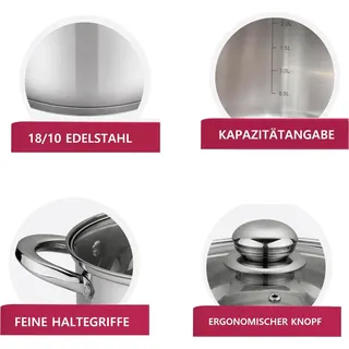 8 tlg Edelstahl Kochgeschirr Induktion Kochtopf Topfset Deckel Topf 22/24/26/28cm - Silber