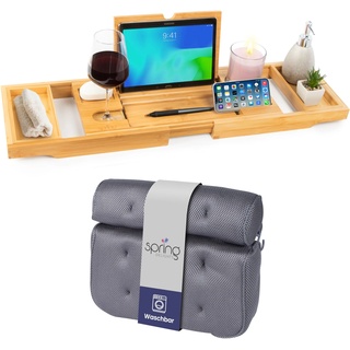 SpringDelights Badewannen-Set: Luxus Bambus Badewannenablage & Ergonomisches Badewannenkissen - Weinglashalter, Tablethalter, Handyhalter & Extra Große Saugnäpfe - Dein Ultimatives Spa-Erlebnis