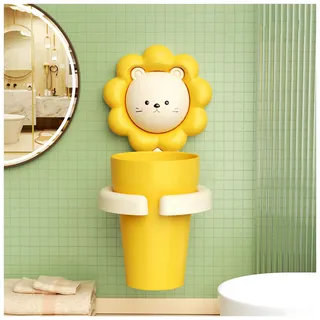 Zahnbürstenhalter mit Tasse,Zahnputzbecher Wasserdicht Selbstklebend Badezimmer Zahnbürstenhalter Wand für Kinder ohne Bohren Niedliche Tier-geformte für Zahnbürsten und Zahnpasta,Gelber Löwe