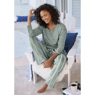 Pyjama VIVANCE DREAMS, Damen, Gr. 32/34, grün (grün gestreift), Single Jersey, Obermaterial: 100% Baumwolle, Basic, bequem lang, Rundhals, Homewear-Sets Pyjama, mit Frontdruck