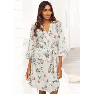 Kimono, Damen, Gr. 44/46, beige (ecru, allover, geblümt), Baumwoll-Mix, VIVANCE DREAMS BY LASCANA, bedruckt, Kurzform, Hausmäntel Kimono, mit Volants