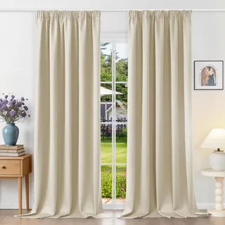 Runyéla Gardinen mit Kräuselband Vorhänge Blickdicht Hellbeige Verdunkelungsvorhänge 2er Set 280 x 140 (HxB) für Schienensystem, Thermovorhänge Kälteschutz Schiebegardinen für Wohnzimmer Curtain