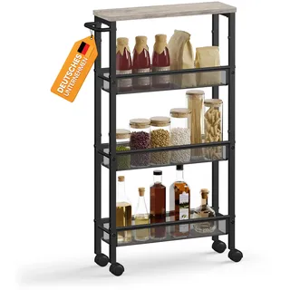 VASAGLE Rollwagen, Schmaler Küchenwagen mit 4 Ebenen, 45,4 x 13 x 77 cm | Nischenregal mit Rollen, für Küche und Bad, Heather Greige und Mattschwarz, DACEY Kollektion LRC032K01