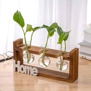 3 Stück Hydroponik Glasvase mit Holz Halter, Kleine Vase Glas Mini Terrarium, Vermehrungsstation für Pflanzen, Kleine Vasen Vintage Glas Reagenzgläser für Home Büro Regal Tischdeko Fensterbank