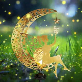 AGOTD Mond Solarleuchten Garten im Freien, Solarlampe für Außen Metall Mond Solar LED Glaskugel Gartenleuchte, Elfe Wasserdichte Solarleuchte mit Erdspieß