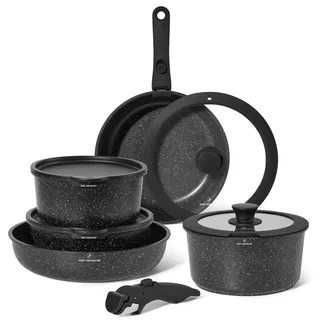 Just Perfecto Töpfe Pfannen 11-Teilig,Topfset Pfannenset mit abnehmbaren Griffen,Pfanne 20/26cm,Topf 18/20cm,Tiefe Bratpfanne 26cm,Antihaftversiegelung,Kochen stapelbar topf Induktion,Ofenfest (Black)