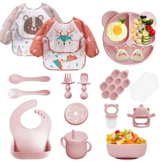 Bizcasa 14er Baby Geschirrset, Silikon Baby Weaning Besteck Set, Rutschfest, Teller, Schüssel, Lätzchen, Löffel, Gabel, Fruchtsauger, Babybrei Einfrieren Behälter, Beißring Baby, BPA Frei (Hellrosa)