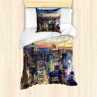 ABAKUHAUS New York Mantele, Städtische Skyline von New York City, Milbensicher Allergiker geeignet mit Kissenbezügen, 135 cm x 200 cm - 80 x 80 cm, Orange Blue - Orange