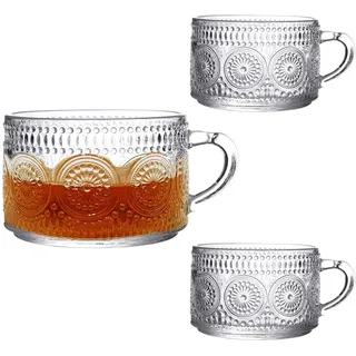 KMERCE 2 Kaffeetassen große im Vintage-Stil mit Henkel, Milchkaffeetasse, Tee tassen glas, für Frühstück, Espresso, kalte Heißgetränke, 500 ml – spülmaschinenfest – mikrowellengeeignet