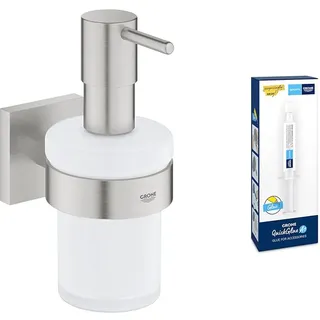 GROHE Start Cube - Seifenspender mit Halter (Füllmenge 160ml, verdeckte Befestigung, Material: Glas/Metall), supersteel, 41098DC0 + Kleber für BadAccessoires