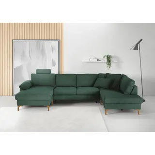 Wohnlandschaft 3C CANDY "Lecce, wahlweise PUR-Schaumstoff oder Tonnentaschenfederkern U-Form", grün, B:339cm H:86cm T:220cm, 95% Polyester, 5% Nylon, Sofas, Wohnlandschaft, Bettkasten in Umbauecke und Longchair, sowie Querschläfer im 2-Sitzer