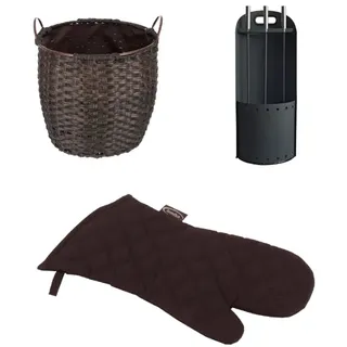 Kamin-Set: Holzkorb, Besteck & Handschuh| Rattan Braun| 33 L
