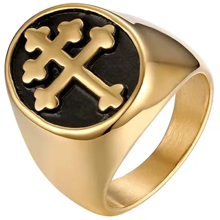 JewelryWe Schmuck Retro Herren-Ring Edelstahl Kreuz von Lothringen Patriarchalischen Siegelring Bandring Band mit Gravur Gold Größe 57