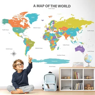 DECOWALL SG2-2414 Bunte Weltkarte Wandtattoo (Groß 120 x 75 cm), pädagogisches Wohndekor Kunst Wohnzimmer Kinder Büro Kinderzimmer Klassenzimmer DIY Baby