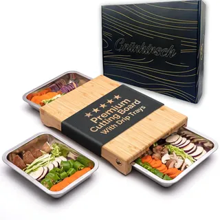 Grünhirsch® Premium Schneidebrett Bambus mit 3 x Auffangschale (Gr. 40x30x7cm) - Holzbrett & Küchenbrett Küche - Profi Cutting Board Set aus Holz - Holzschneidebrett mit 3 Auffang-Behälter (groß)