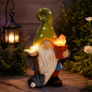 Gartenzwerge mit Pilz & Schmetterling Solarlampen für Außen Gartendeko | Geschenke für Frauen Männer Mutter, Solar Gartenzwerg Lustig mit Schaufel, Wetterfeste Garten Balkon Terrasse Deko